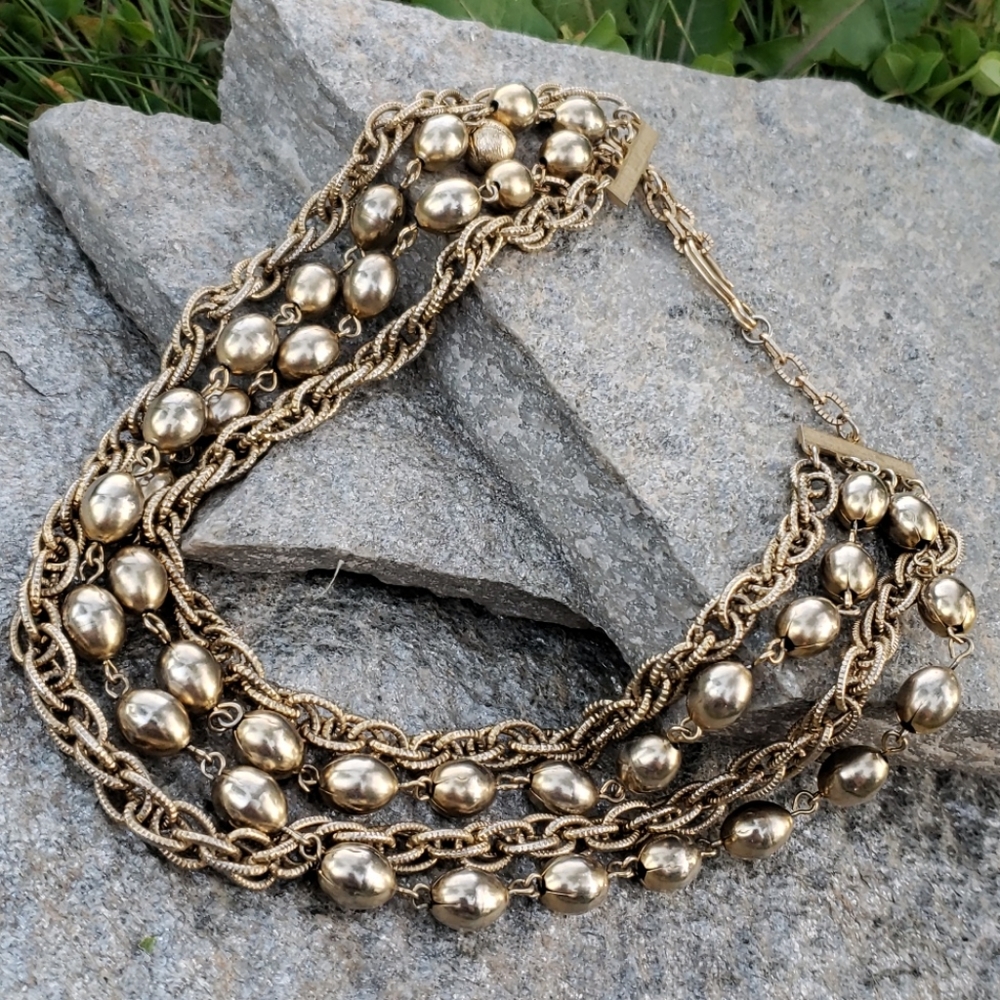 Vtg Chunky Gold Bead Chain Graduated Bib Necklace